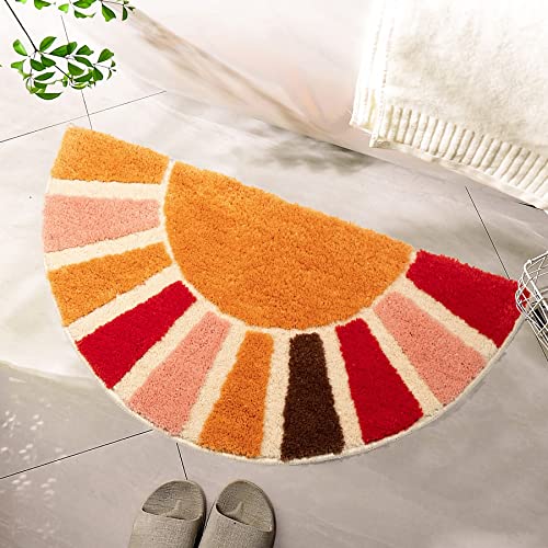 NOTASA Boho Bathroom Rugs Half Circle Bath Mat Cute Bohemian Bath Rug for Bedroom Small Carpet Home Decor Non-Slip Semi Round Shower Rug Funny Washable Indoor Floor Door Mat Sun Retro 16x30inch