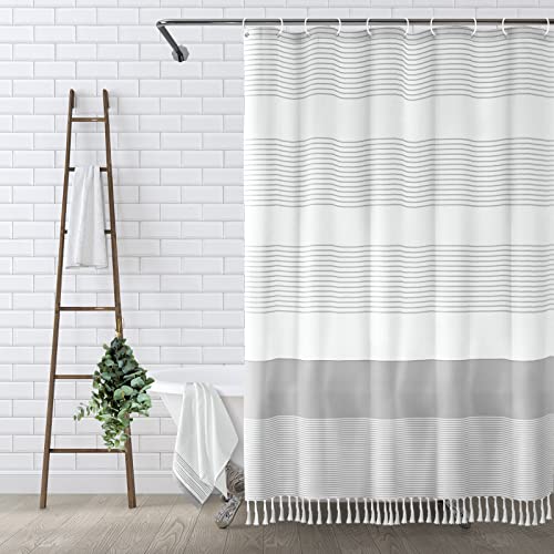Boho Gray Shower Curtain - 72x72 Inch Farmhouse Linen with Stripes and Tassels for Rustic Bathroom Decor