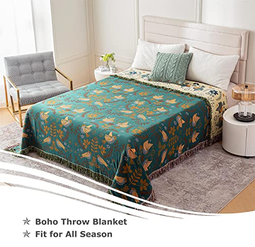 Boho Throw Blanket for Bed - 100% Cotton Ultra Soft Rustic Quilt - Bird Floral Printed Farmhouse Decor Bed Blankets,60"×80" All Season Rustic Throw for Sofa Couch Chair
