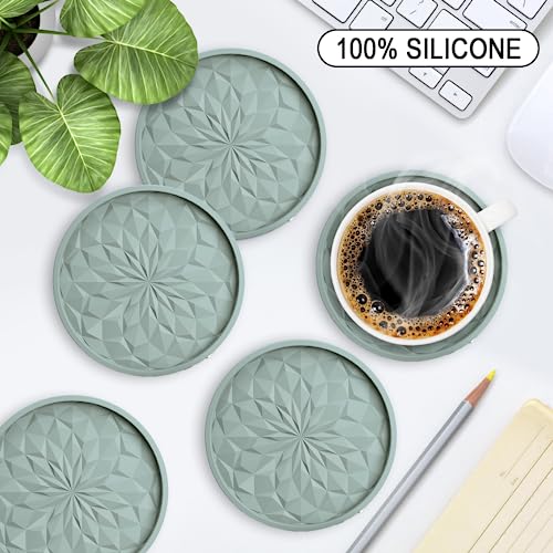 ME.FAN Silicone Coasters [6 Pack] Coasters with Holder - Drinking Coasters - Cup Mat for Drinks - Live for Hot or Cold Drink Thickened, Non-Slip, Non-stick, Deep Tray Desert Sage