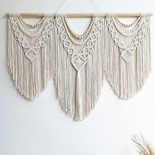 guzhiou large macrame wall hanging - Boho Tapestry Macrame Wall Decor Art- Chic Bohemian Handmade Woven Tapestry Home Decoration for Bedroom Living Room Apartment Wedding Party - 43"x32" (Wood bead)