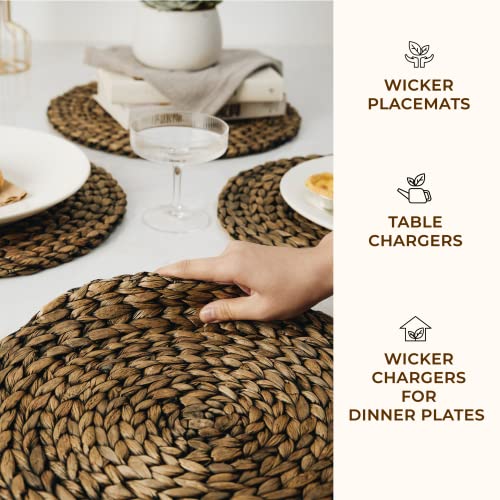13.8" Decocoon Set of 6 Black Wicker Placemats, Water Hyacinth Placemats, Rattan Chargers for Dinner Plates, Woven Round Rattan Placemats, Seagrass Charger Plates, Woven Chargers, Straw Placemats