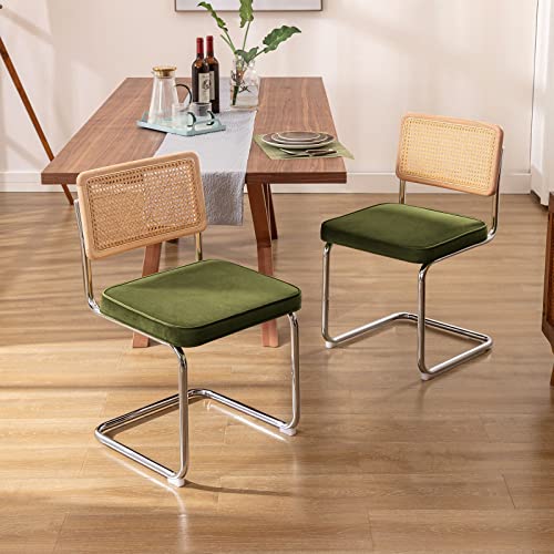 Zesthouse Mid Century Modern Dining Chairs Set of 2, Velvet Accent Chairs with Natural Cane Back & Stainless Chrome Base, Famous Breuer Designed Chairs, Upholstered Rattan Kitchen Chairs,Green