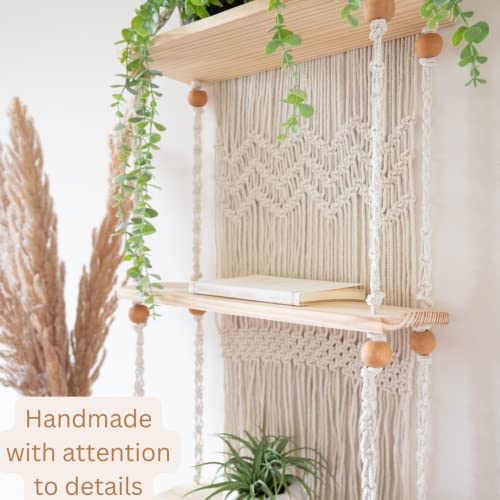 Boho Macrame Wall Hanging Shelf - 3 Tier Woven Rope Plant Hanger, Pine Wood Floating Shelves for Kitchen, Bathroom, Home Decor and Storage