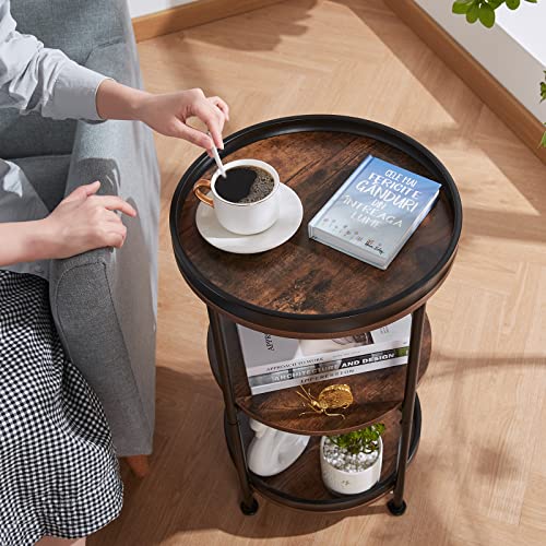Boho Round End Table with 3 Storage Shelves - Industrial Rustic Brown Side Table for Living Room, Bedroom, Small Spaces