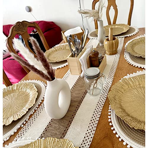 Boho Macrame Table Runner - 72 Inch Burlap Splicing with Tassels, Rustic Beige for Dining Room