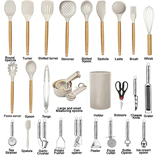 35-Piece Boho Kitchen Utensils Set - Silicone & Wood Cooking Tools for Nonstick Cookware, Ideal for First Home, Dorm, or Apartment