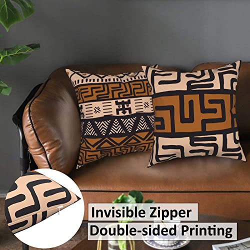 African Mudcloth Throw Pillow Covers 18X18 Brown Boho Ethnic Decorative Pillow Cases Kuba Tribal Mud Cloth Cushion Covers for Chair Couch Home Outdoor Decor Set of 4, Double Side Print