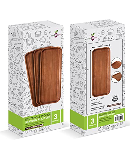 Acacia Wood Serving Trays - Set of 3 Rectangular Platters for Home Decor, Charcuterie, Cheese Board, Appetizers (14 x 5.5 inches)