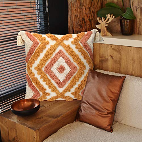 ANGELLOONG Throw Pillow Covers 18x18, Fall Orange Pillow Covers with Tassels, Woven Tufted Boho Pillow Covers for Couch Sofa Bedroom Living Room（No Pillow Insert, 1Pcs）