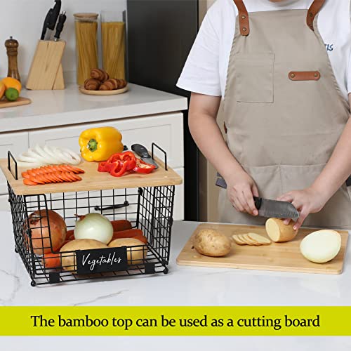2 Set Stackable Kitchen Counter Basket with Bamboo Top - Pantry Organization and Storage Wire Organizing Basket - Cabinet Countertop Organizer Bins for Produce, Fruit, Vegetable (Onion, Potato), Bread
