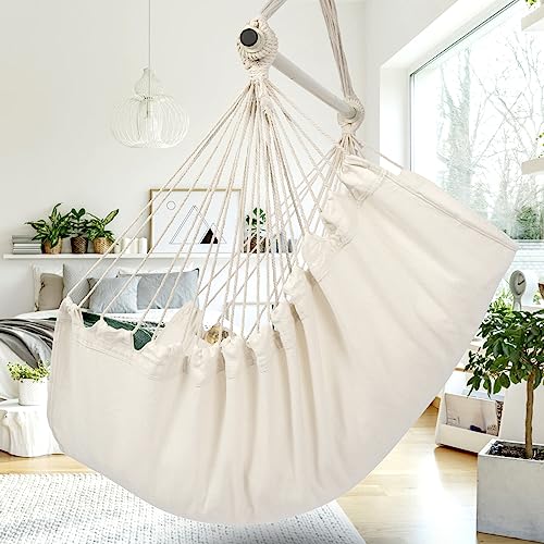 Y- STOP Hammock Chair Hanging Rope Swing, Max 320 Lbs, 2 Seat Cushions Included, Hanging Chair with Pocket for Indoor and Outdoor, Natural