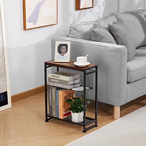 Small Side Table for Small Spaces - Slim End Table with Magazine Holder - 2 in 1 Design Narrow End Table Living Room - Skinny Bedside Table Nightstand Bedroom Thin Side Table, Rustic Brown