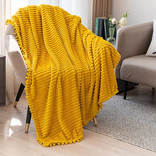 DISSA Fleece Blanket Throw Size – 51x63, Yellow Soft, Plush, Fluffy, Fuzzy, Warm, Cozy Perfect for Couch, Bed, Sofa - with Pompom Fringe Flannel