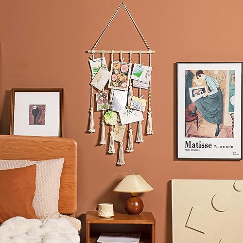 Mkono Hanging Photo Display Macrame Wall Hanging Boho Room Home Office Decor Teen Girl Women Gift Picture Frame Holder Wall Art for Birthday Party Bedroom Dorm, with 30 Wood Clips, Ivory