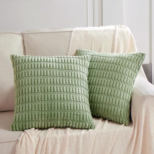 Fancy Homi 2 Packs Sage Green Decorative Throw Pillow Covers 18x18 Inch for Living Room Couch Bed Sofa, Soft Striped Corduroy Square Cushion Case 45x45 cm, Rustic Farmhouse Boho Home Decor