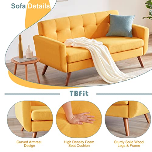 Tbfit 65" W Loveseat Sofa, Mid Century Modern Love Seat Sofas and Couches for Living Room, Button Tufted Upholstered Small Couch for Bedroom, Solid and Easy to Install Love Seats Furniture, Yellow