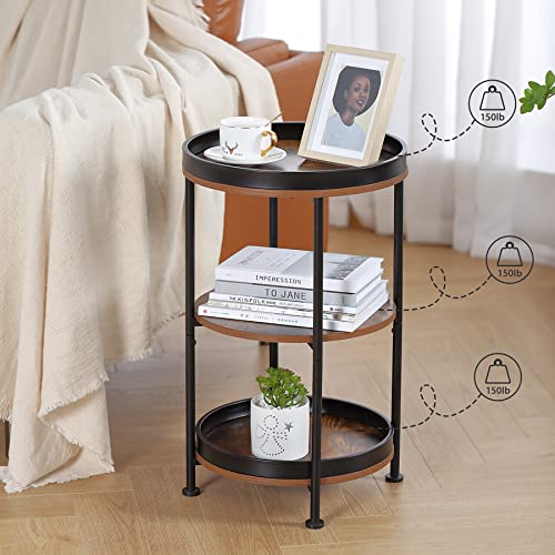 Boho Round End Table with 3 Storage Shelves - Industrial Rustic Brown Side Table for Living Room, Bedroom, Small Spaces