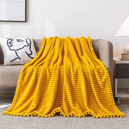 DISSA Fleece Blanket Throw Size – 51x63, Yellow Soft, Plush, Fluffy, Fuzzy, Warm, Cozy Perfect for Couch, Bed, Sofa - with Pompom Fringe Flannel