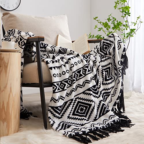 Boho Tassel Throw Blanket - Black and White Decorative Flannel Blanket for Chair, Bed, Sofa, Couch (50x60 Inches)