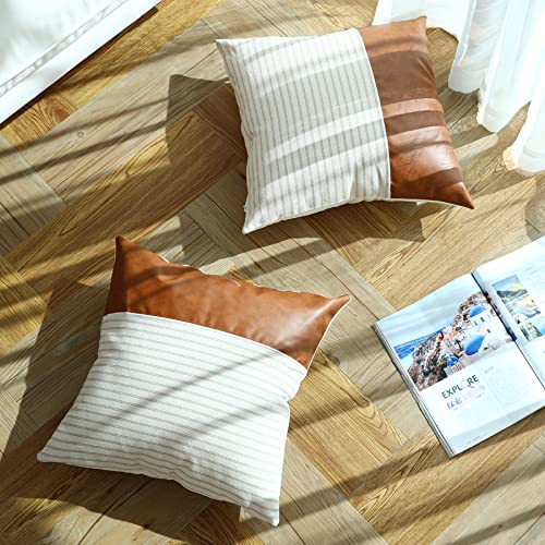 Throw Pillow Covers,Pillow Covers 18x18,Khaki Stripes Textured Cotton Faux Leather Stitching Square Farmhouse Pillow Covers Home Decorative for Sofa Couch Chair Bedroom Sets of 2