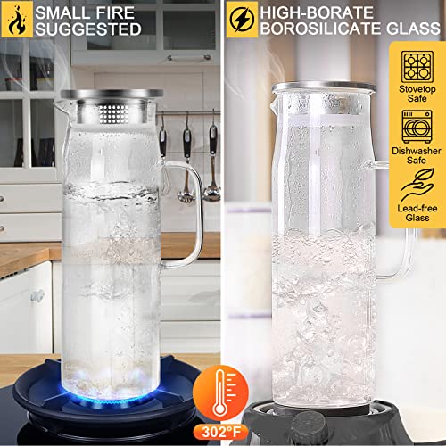 Yirilan glass pitcher,1.5 Litre Glass Jug with Sealed Lid,Beverage Pitcher for Hot/Cold Water,Iced Tea and Juice Drink（with Cup Brush ）