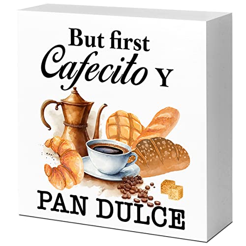 But First Cafecito Y Pan Dulce Wood Box Sign Desk Decor,Rustic Coffee Wood Block Plaque Box Sign Desk Decorations for Home Kitchen Office Shelf Table Decor