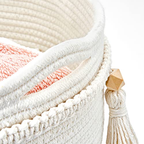 Mkono Macrame Decorative Cotton Rope Basket Boho Cute Woven Tassel Tall Basket Closet Storage Bins Organizer for Nursery,Baby Toys, Potted Plants Cover,Living Room,Bedroom Home Decor 15.7"x 19.6"