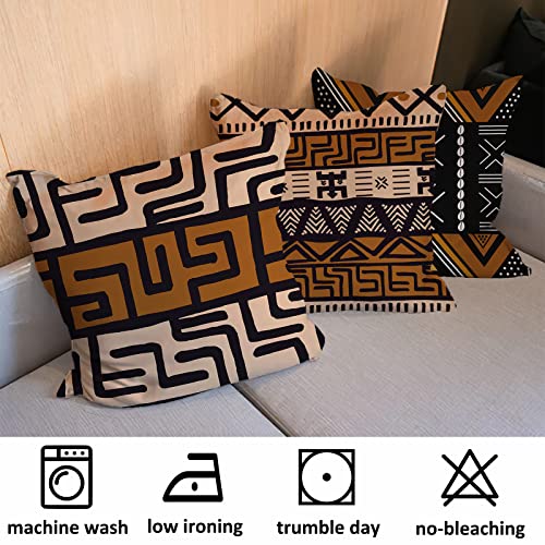 African Mudcloth Throw Pillow Covers 18X18 Brown Boho Ethnic Decorative Pillow Cases Kuba Tribal Mud Cloth Cushion Covers for Chair Couch Home Outdoor Decor Set of 4, Double Side Print