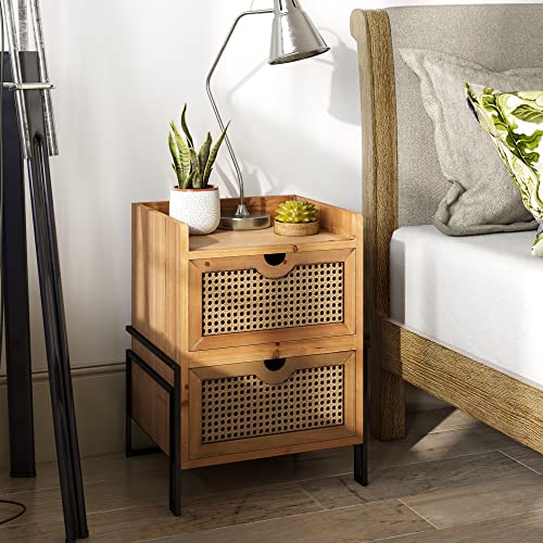 Boho Rattan Nightstand Set - Rustic Farmhouse Accent End Tables with 2 Drawers (2-Pack)