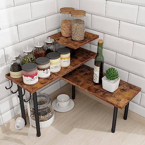 Homode Kitchen Countertop Organizer Corner Shelf, Bathroom Counter Organizer, 3 Tier Counter Shelf Space Saving Organization for Kitchen Counter, Spice Rack, Coffee Bar, Over Sink, Rustic Brown