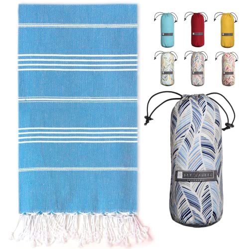 BAY LAUREL Turkish Beach Towel with Travel Bag 39 x 71 Quick Dry Sand Free Lightweight Large Oversized Beach Towel Turkish Towels Light Beach Towel Travel Towels (Blue)