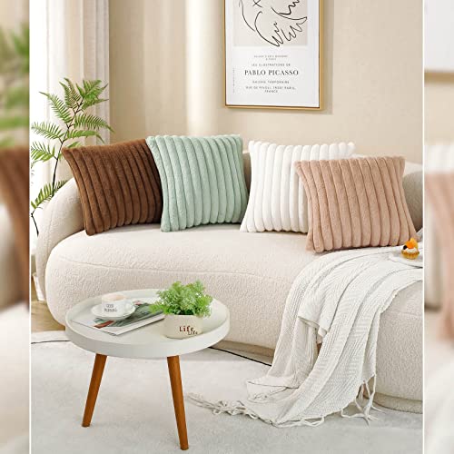AmHoo Pack of 2 Decorative Throw Pillow Covers Faux Rabbit Fur Cozy Velvet Super Soft Fuzzy Striped Set Case Cushion for Couch Sofa Bedroom 18 x 18-Inch Brown