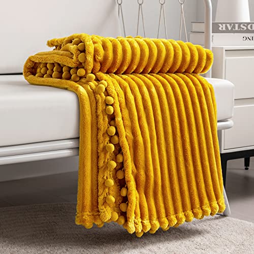 Boho Yellow Fleece Throw Blanket - Soft, Plush, Fluffy, Cozy with Pompom Fringe, Perfect for Couch, Bed, Sofa