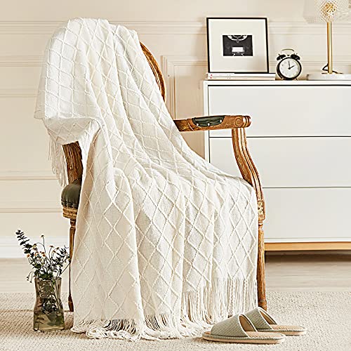 inhand Knitted Throw Blankets for Couch and Bed, Soft Cozy Knit Blanket with Tassel, Off White Lightweight Decorative Blankets and Throws, Farmhouse Warm Woven Blanket for Men and Women, 50"x60"