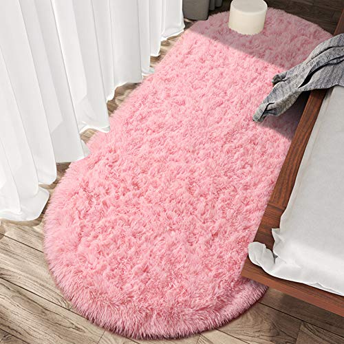 junovo Oval Fluffy Ultra Soft Area Rugs for Bedroom Plush Shaggy Carpet for Kids Room Bedside Nursery Mats, 2.6 x 5.3ft, Pink
