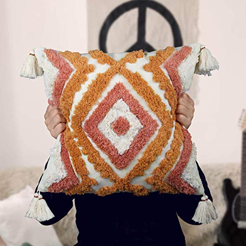 ANGELLOONG Throw Pillow Covers 18x18, Fall Orange Pillow Covers with Tassels, Woven Tufted Boho Pillow Covers for Couch Sofa Bedroom Living Room（No Pillow Insert, 1Pcs）