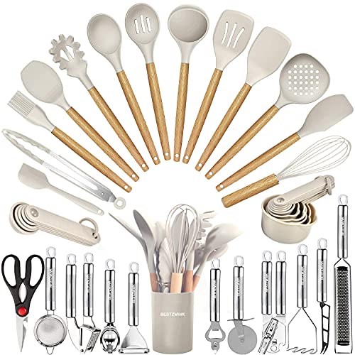 35-Piece Boho Kitchen Utensils Set - Silicone & Wood Cooking Tools for Nonstick Cookware, Ideal for First Home, Dorm, or Apartment