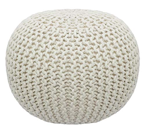 Boho Hand-Knitted Ivory Pouf - Cable Style Dori Floor Ottoman, 20"x14"