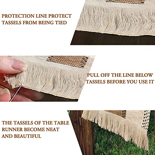 Boho Macrame Table Runner - 72 Inch Burlap Splicing with Tassels, Rustic Beige for Dining Room