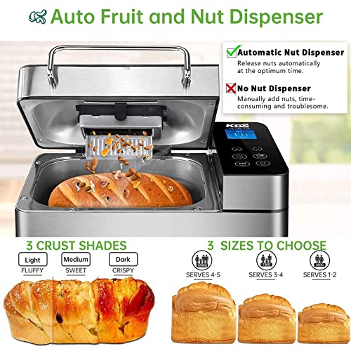 KBS Pro Stainless Steel Bread Machine, 2LB 17-in-1 Programmable XL Bread Maker with Fruit Nut Dispenser, Nonstick Ceramic Pan& Digital Touch Panel, 3 Loaf Sizes 3 Crust Colors, Reserve& Keep Warm Set