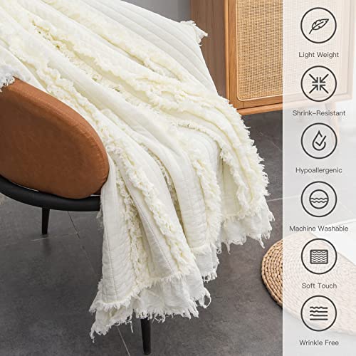 Ultra Soft Pre-Washed Quilted Throw Blanket, Ruffle Fringed Cream Boho Decorative Stone Washed Chic Rustic Blanket for Sofa Couch Bed Chair, 50"x 60"