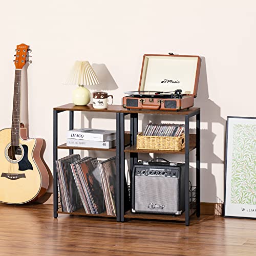 LELELINKY 3 Tier End Table,Record Player Stand with Storage Up to 100 Albums,Turntable Stand for Vinyl,Brown Records Shelf for Living Room Bedroom