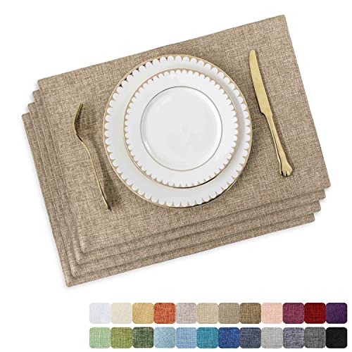 Home Brilliant Set of 4 Farmhouse Placemats Heat Resistant Dining Table Place Mats Kitchen Table Mats Thanksgiving Table Decor, Natural Linen