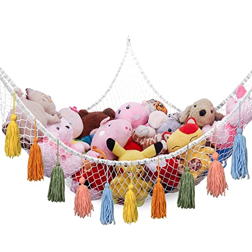 Stuffed Animal Net Hammock with Tassels, Corner Hanging Mesh Toy Storage Organizer