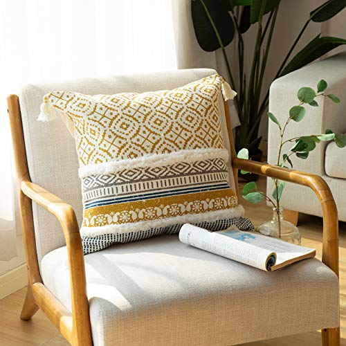 blue page Boho Tufted Decorative Throw Pillow Covers for Couch Sofa Bed - Modern Moroccan Style Pillow Cases with Tassels, Accent Decor Pillow for Bedroom Living Room, 18x18 Inches, Yellow
