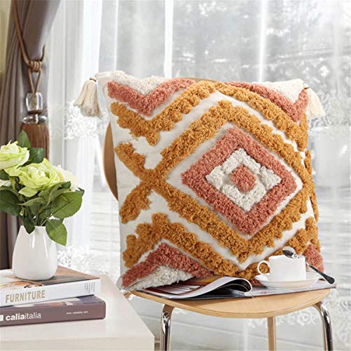 Boho Orange Tassel Throw Pillow Cover 18x18 for Couch Sofa Bedroom Living Room (No Insert, 1Pcs)
