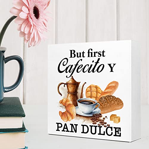 But First Cafecito Y Pan Dulce Wood Box Sign Desk Decor,Rustic Coffee Wood Block Plaque Box Sign Desk Decorations for Home Kitchen Office Shelf Table Decor