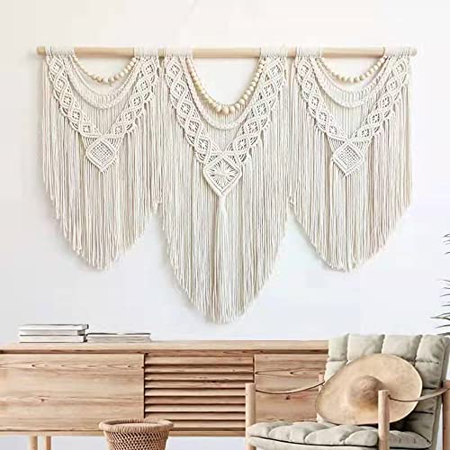 guzhiou large macrame wall hanging - Boho Tapestry Macrame Wall Decor Art- Chic Bohemian Handmade Woven Tapestry Home Decoration for Bedroom Living Room Apartment Wedding Party - 43"x32" (Wood bead)