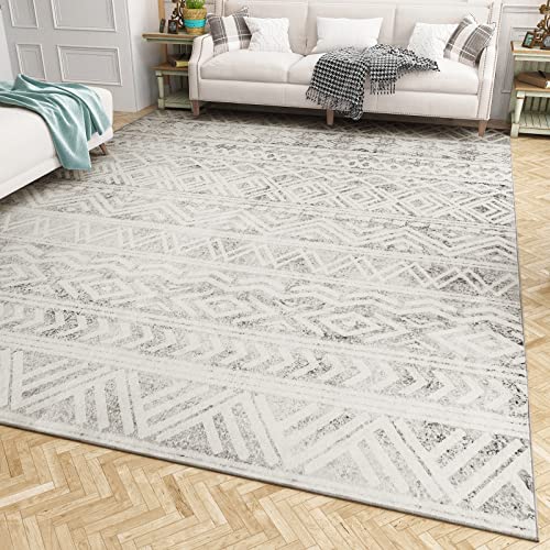 Boho 8x10 Neutral Area Rug: Modern Carpet for Bedroom, Living Room, and Playroom Decor